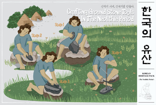 Korean Prehistoric Neolithic Crafting Ground Stone Tools Vector Illustration Set