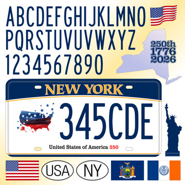 New York State car license plate, 250th anniversary, letters, numbers and symbols, USA, United States