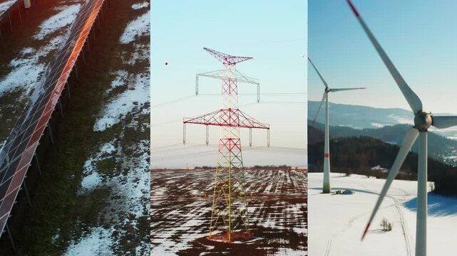 Collage showing solar panels, wind turbine and transmission lines in snowy winter at sunset. Concept of sustainable energy, climate friendly technology and energy transition.