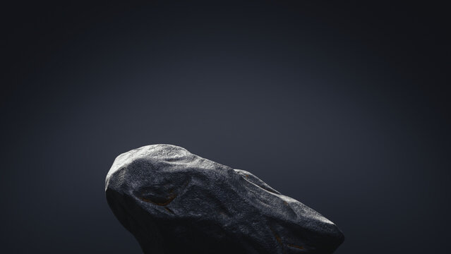 Premium 3D render of a product podium. Smooth black stone on a dark background with artistic studio lighting. Minimalist CGI mockup scene for luxury cosmetic or jewelry display presentation.