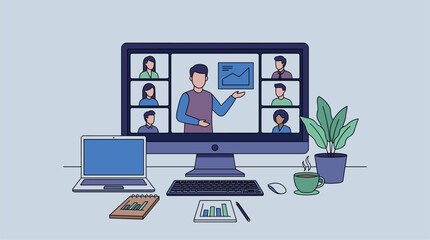Fototapeta premium Flat design illustration of a remote team meeting on a computer screen, with a laptop, coffee, and plant on a desk.
