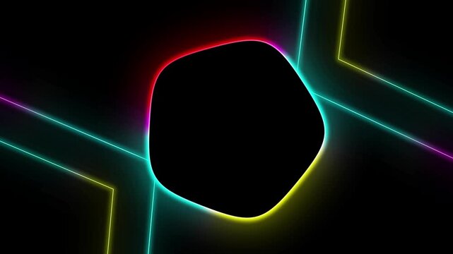 Abstract neon geometric shape moving across black background with glowing multi-color light borders creating dynamic cinematic motion loop for digital displays.