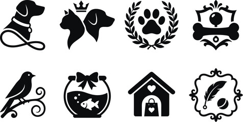 Fototapeta premium Pet shop and veterinary logo icons set featuring minimalist black silhouettes of dogs cats birds fish and boutique care symbols