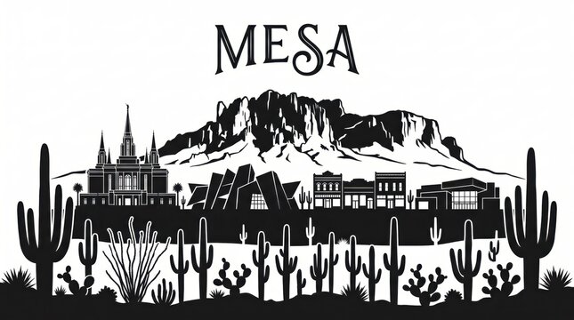 Highly detailed Mesa, Arizona skyline silhouette featuring Mesa Arts Center-inspired architecture, distinctive temple spires, historic Main Street, Superstition Mountains, Sonoran Desert