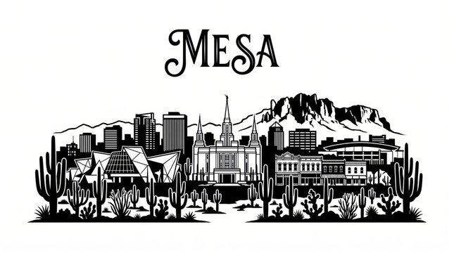 Highly detailed Mesa, Arizona skyline silhouette featuring Mesa Arts Center-inspired architecture, distinctive temple spires, historic Main Street, Superstition Mountains, Sonoran Desert