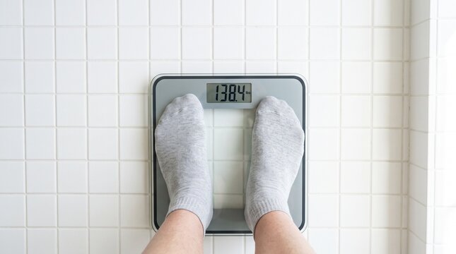 Person wearing gray socks standing on a digital bathroom scale to check body weight and monitor fitness progress