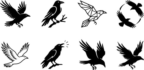 Naklejka premium Black Crow Raven Bird Fly Art Sign Vector Icon Logo Set 