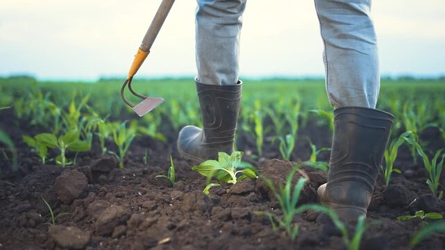 A man with a hoe is working in a field, cultivating the ground with young plants. The man tends the crops while standing on dark soil next to green plants.