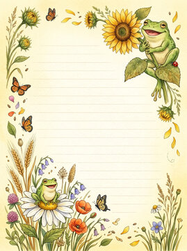 Cheerful frog and sunflower summer page for diary and letter writing