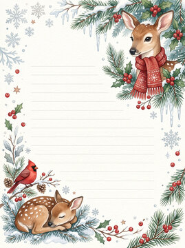 Winter page with cute fawn and cardinal bird for diary and letter writing