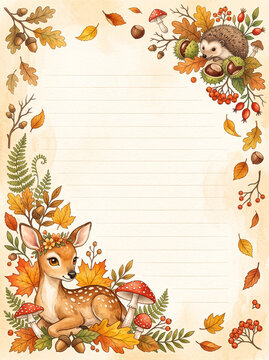 Autumn forest page with cute fawn and hedgehog for diary and letter writing