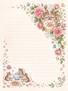 Cute mice tea party with roses and teacup for diary and letter writing