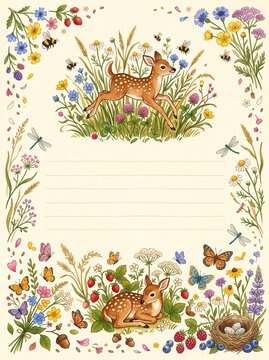 Cute fawn and wildflower meadow page with berries for diary and letter writing