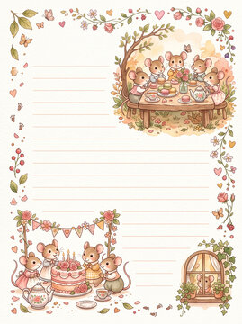 Cute mice tea and birthday party page for child diary and letter writing