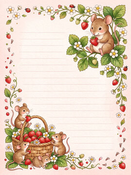 Cute mice and strawberry basket page for diary and letter writing