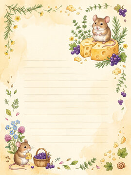 Cute mouse and cheese page with grape and herbs for diary and letter writing