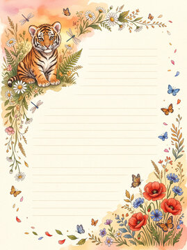 Cute tiger cub and wildflower meadow page for diary and letter writing