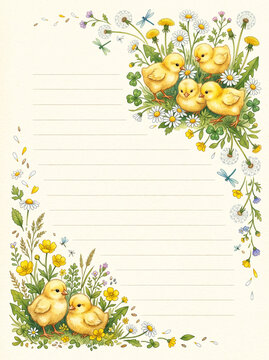 Cute chicks and dandelion floral page for diary and letter writing