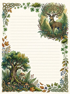 Fantasy forest page with stag and mushrooms for diary and letter