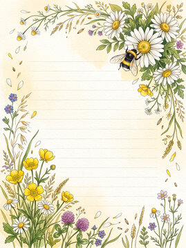 Summer meadow page with daisy and bumblebee for diary and letter writing