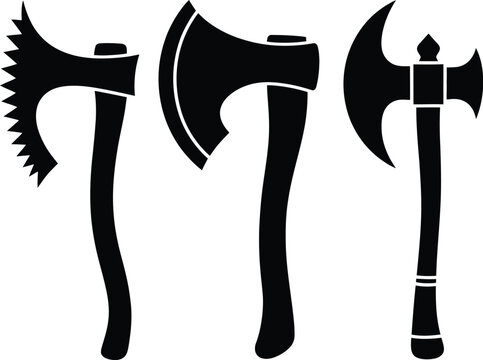 Viking Battle Axe Icons, three black and white vector designs for Norse history, medieval warriors, fantasy, mythology, and weapon illustration
