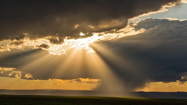 Dramatic sunbeams pierce through heavy dark clouds over a flat horizon during a golden hour sunset, creating a powerful atmospheric video clip.