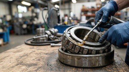Obraz premium Mechanic applies grease to large metal bearing for maintenance in workshop