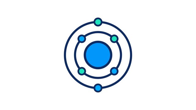 Stylized atom model with rotating electron orbits motion animation in flat vector style