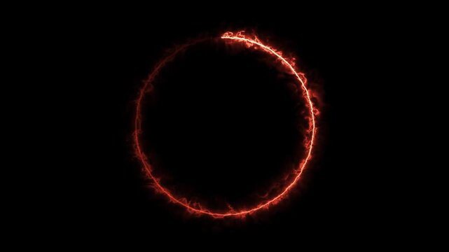 Red electric energy circle spinning on black background creates glowing ring of lightning light animation.