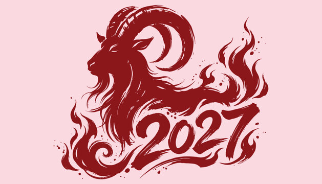 2027 year of the goat chinese zodiac sign with artistic fire effect and brush calligraphy style