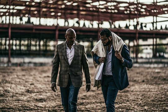 Generative AI construction professionals discussing building project at construction site