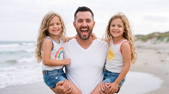 Joyful father carrying two laughing daughters at the beach on vacation