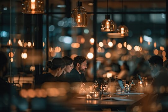 diverse business team having a relaxed meeting around a large table in a modern glass office