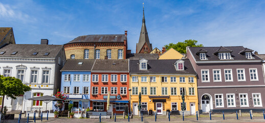 Fototapeta premium Panorama of colorful restaurants in Flensburg, Germany
