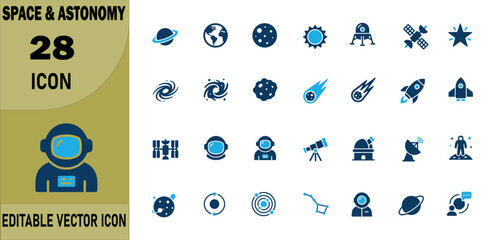 Set of twenty eight flat design space and astronomy icons featuring planets rockets astronauts and celestial bodies © MSTTANIA