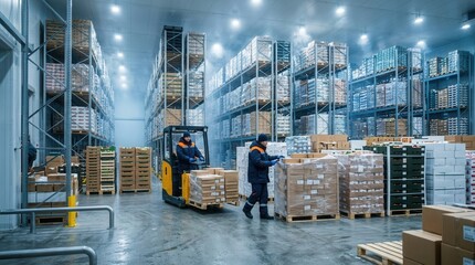 Naklejka premium Workers Operating Forklift in a Cold Storage Warehouse with Tall Shelving