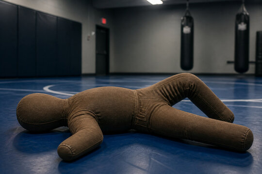 Grappling dummy on wrestling mat in training gym, martial arts and fitness concept