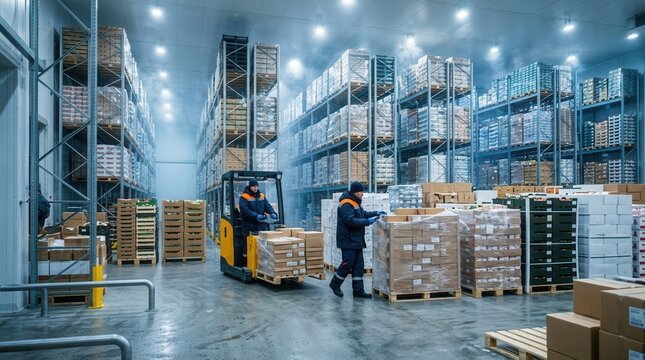 Workers Operating Forklift in a Cold Storage Warehouse with Tall Shelving