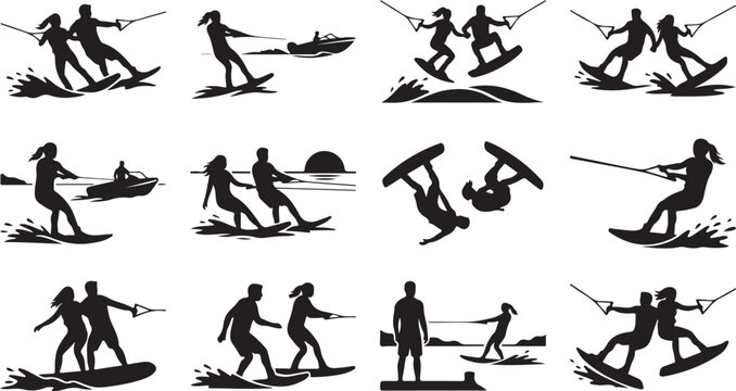 Collection of black silhouettes depicting people wakeboarding and water skiing, showing various tricks and active water sports on the lake