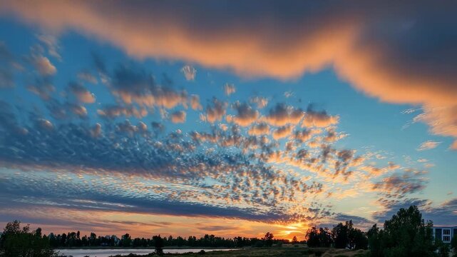 Sunset light illuminating cirrocumulus clouds over a tranquil landscape with water and trees