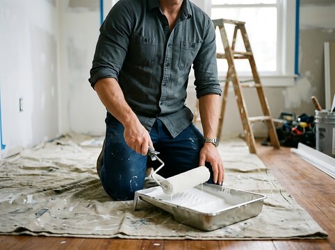 Professional painter kneeling on canvas cloth dripping white paint from roller into metal tray during remodeling.