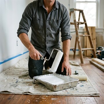 Close up of painter dipped in white paint reloading roller tray on drop cloth during room renovation.