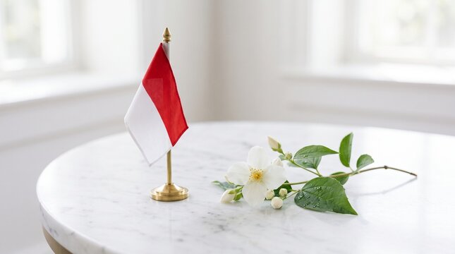 Miniature red and white national flag on a brass stand and a fresh white jasmine flower (Jasminum sambac) on a white marble table, symbolizing patriotism, purity, and unity for Youth Pledge Day