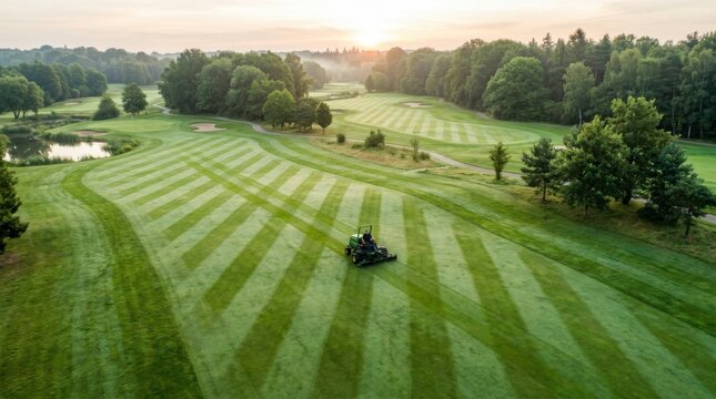 Aerial view of a green lawn mower cutting grass on a golf course at sunrise