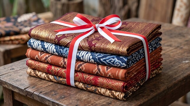 Stacked traditional Indonesian batik and woven textile fabrics tied with a red and white ribbon on a rustic wooden table, symbolizing cultural heritage, national identity, diversity, and Youth Pledge