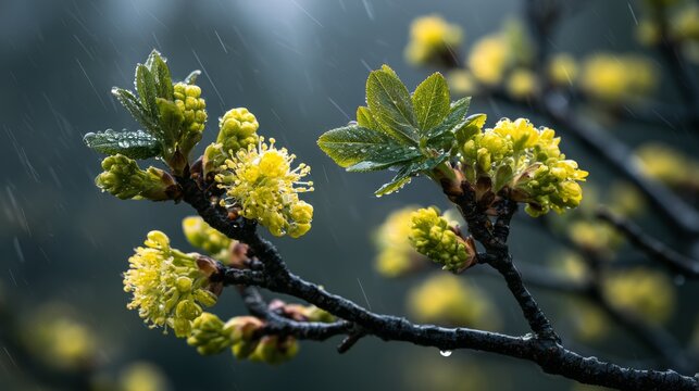 Yellow spring blossoms on a branch during rain