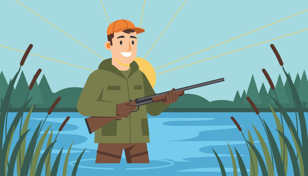 Happy male hunter holding a shotgun rifle stands in water among reeds at sunrise, ready for duck hunting season.