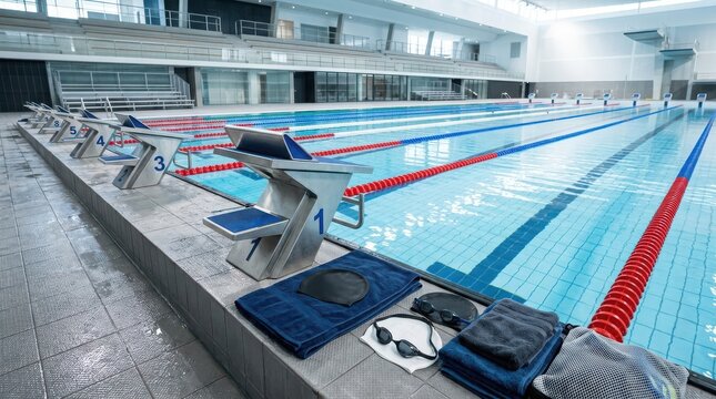 Indoor swimming pool with starting blocks and swimming gear on the deck