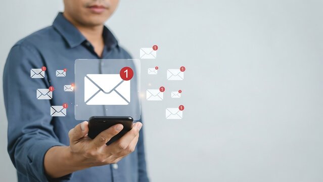 A man in a blue shirt holds a smartphone while receiving a high volume of digital email notifications represented by floating icons