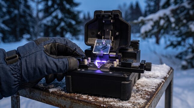 A technician performing fiber optic cable fusion splicing in a snowy landscape